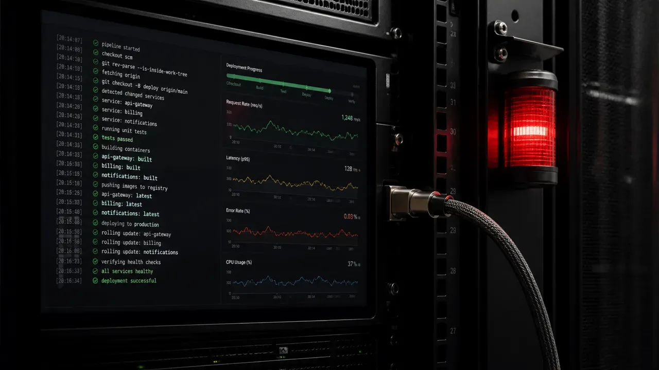 Bancada de desenvolvimento com terminal de engenharia e diagramas de integração em ambiente de produção com indicador carmim aceso