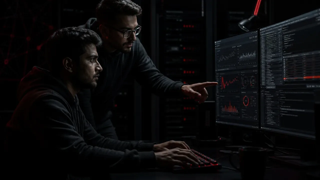 Dois engenheiros analisando código de agentes de IA e arquitetura técnica em monitores de alta resolução
