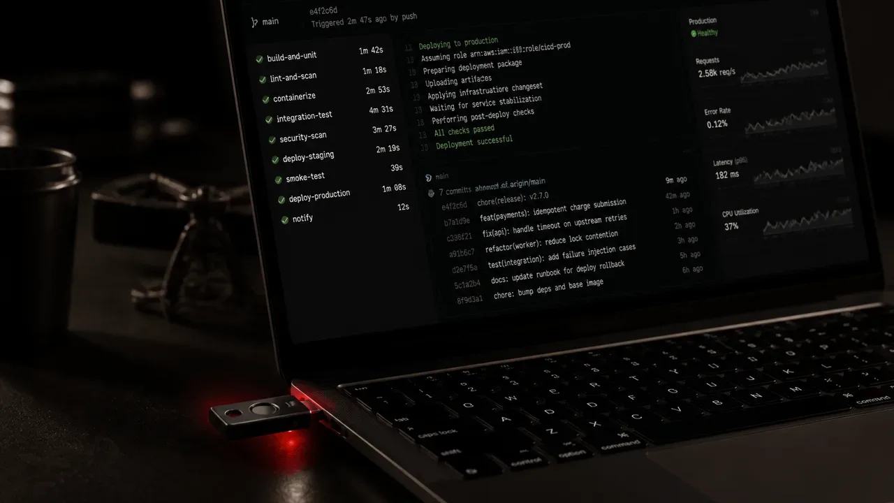 Laptop de desenvolvedor exibindo terminal com pipeline de integração contínua e telemetria de produção