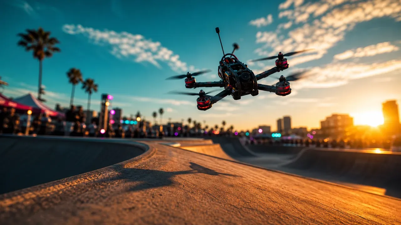 Drone FPV em cobertura de pista de skate durante evento esportivo