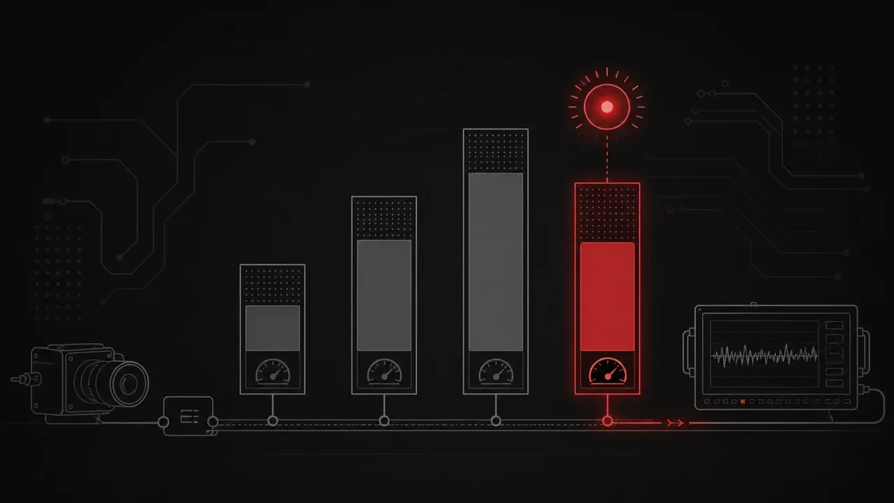 Ilustração escura em estilo diagrama de circuito: uma câmera de cinema conectada por uma linha de sinal a quatro barras verticais sem legenda, com ponteiros de medidor, e a um monitor de forma de onda, com destaque em vermelho na quarta barra