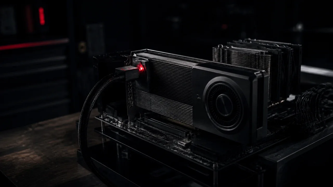 GPU de encode dedicada montada em bancada de workstation, com LED de status aceso próximo ao conector de alimentação
