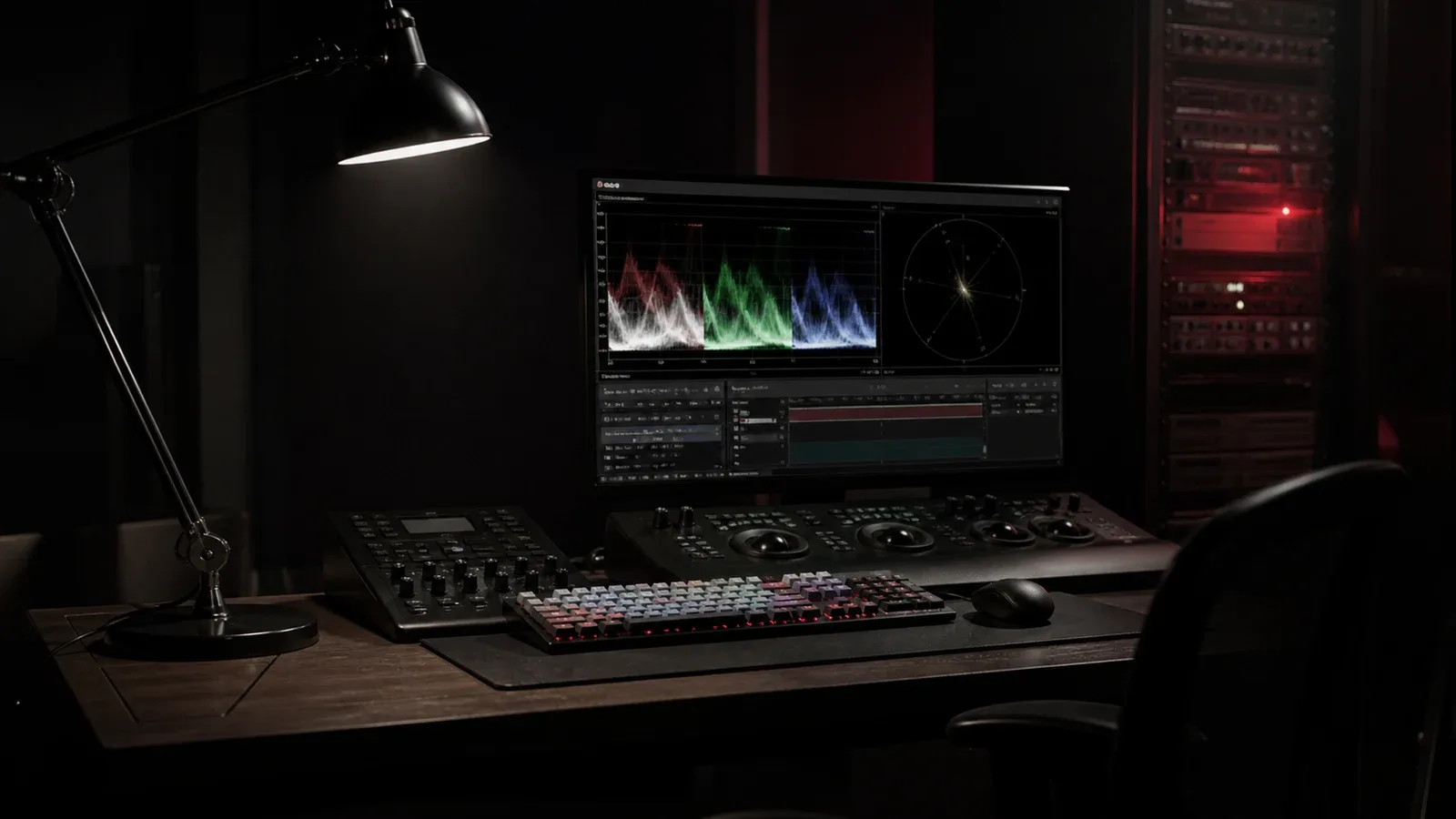 Estação de finalização de vídeo com monitor de forma de onda, teclado iluminado por luminária de mesa e racks de codificação em segundo plano