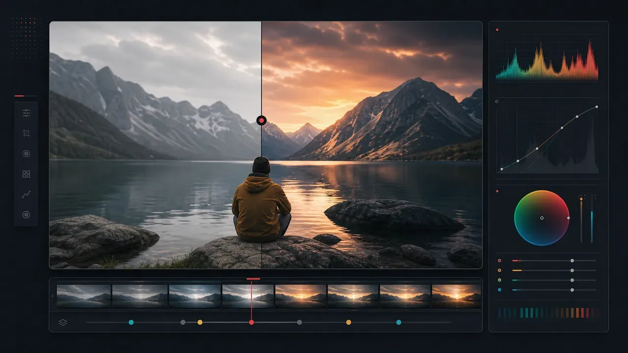 Comparação entre correção de cor neutra e color grading com look cinematográfico