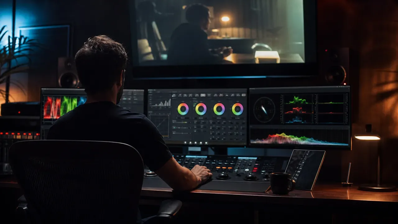 Colorista trabalhando em DaVinci Resolve com scopes de cor profissionais