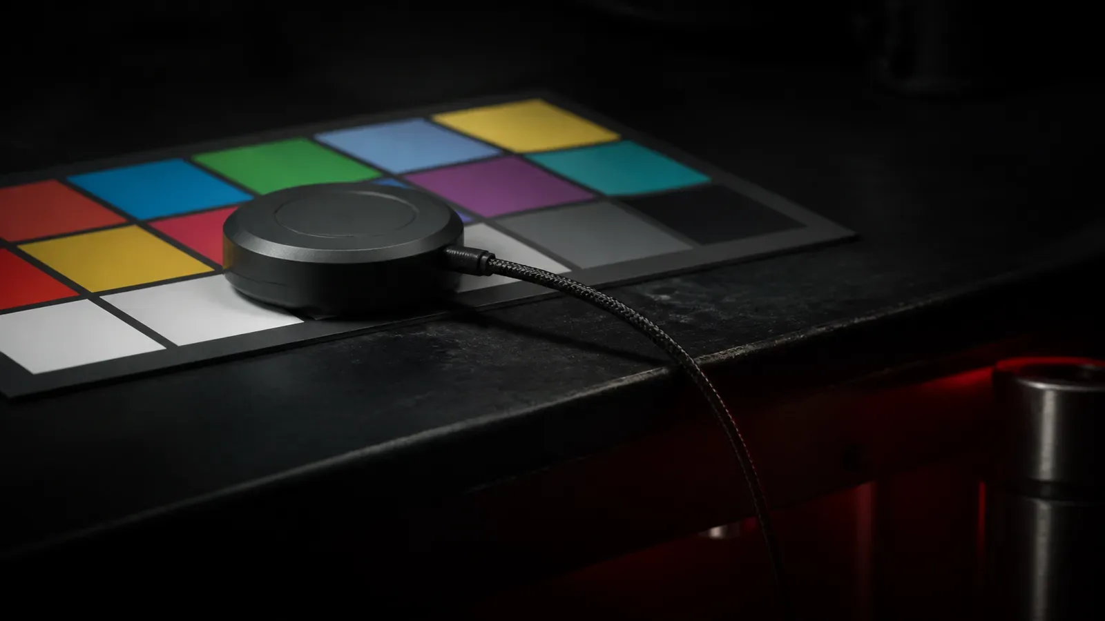 Mesa de controle de color grading DaVinci Resolve com monitoria HDR e ilustrações de vetores de cor