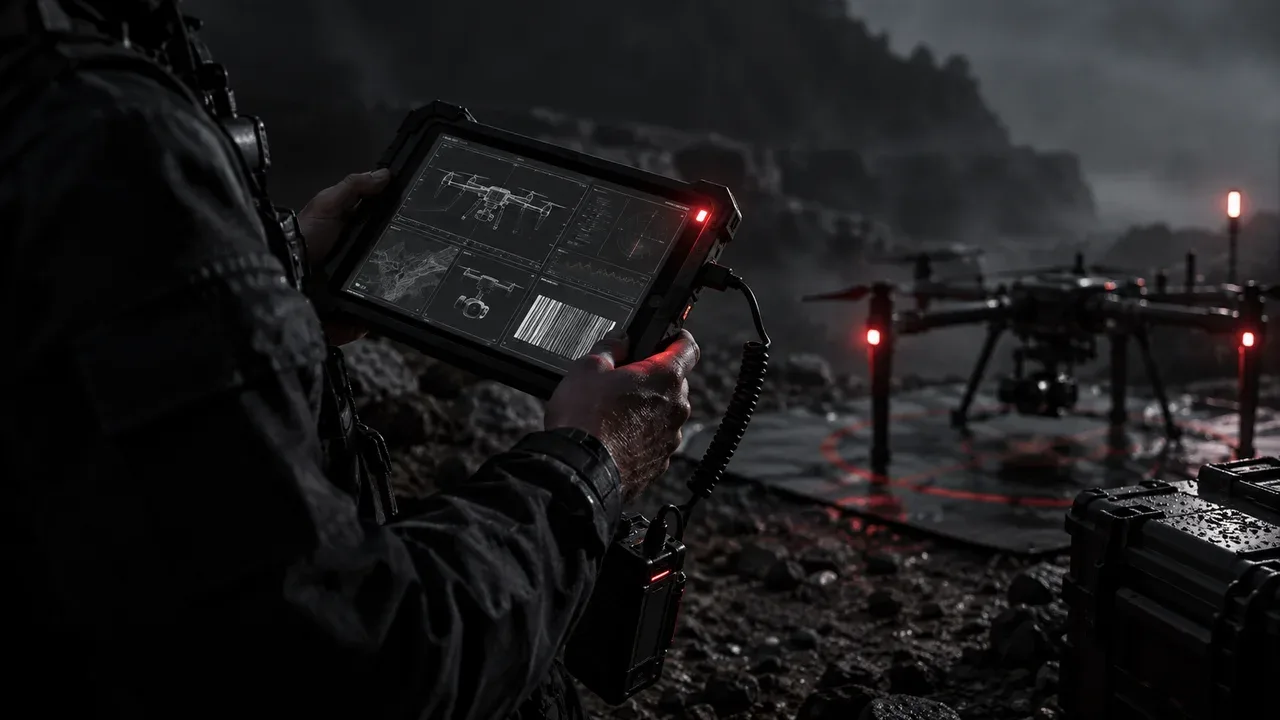 Interface digital do SISANT em tablet robusto durante checagem de documentos e parâmetros de telemetria no set