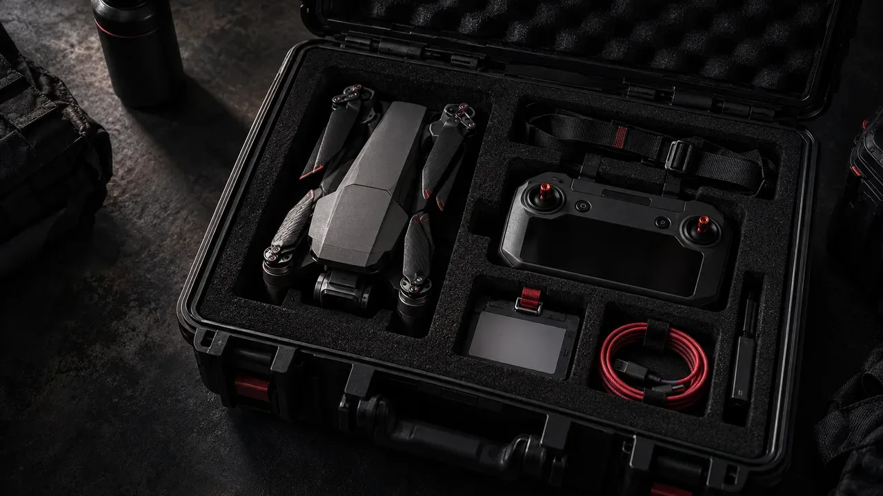 Kit de conformidade operacional com drone, certidao de cadastro da ANAC impressa e tablet militar com autorizacao SARPAS ativa