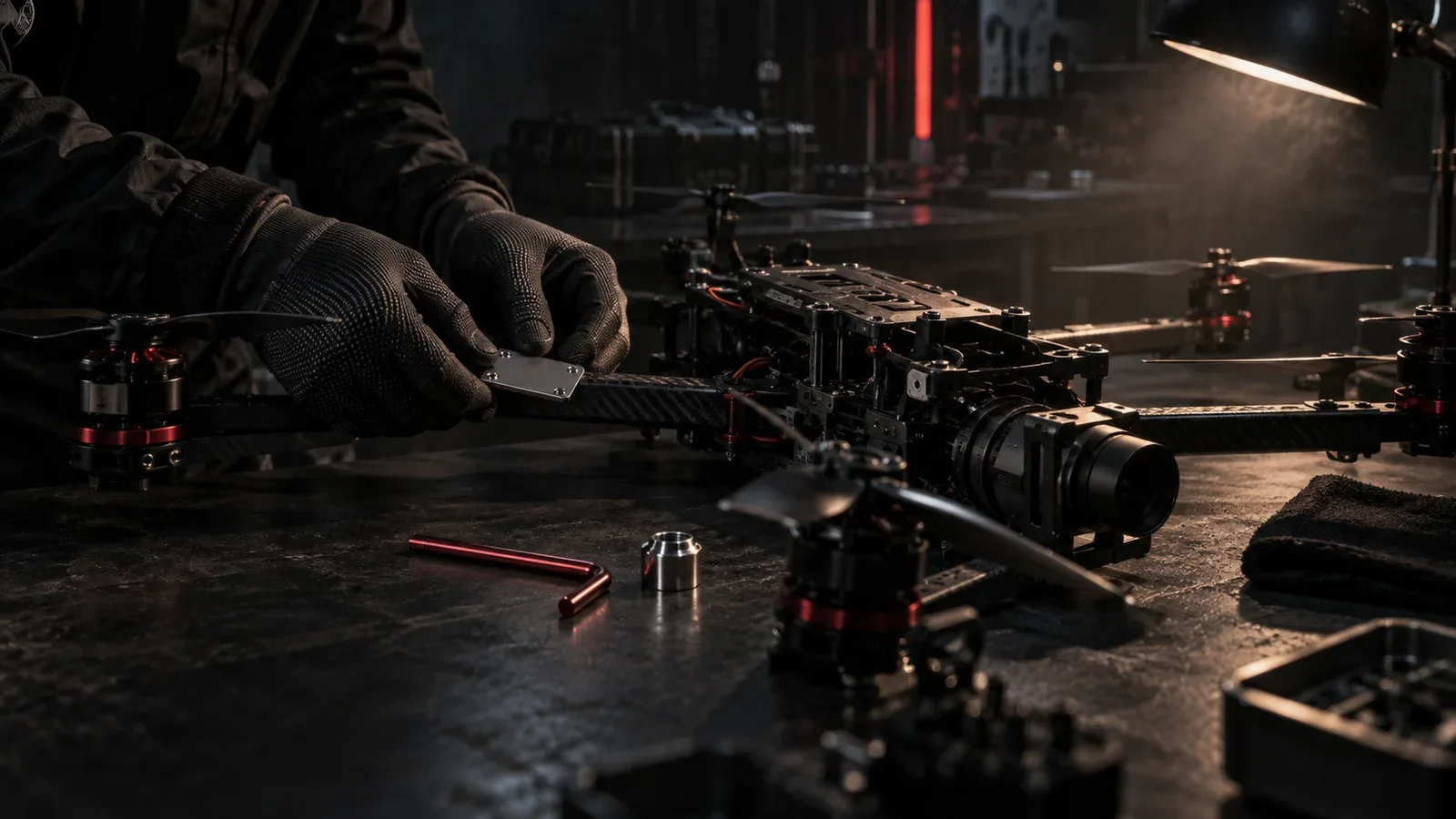 Bancada técnica escura de engenharia com drone FPV cinematográfico e etiqueta física de prefixo SISANT da ANAC