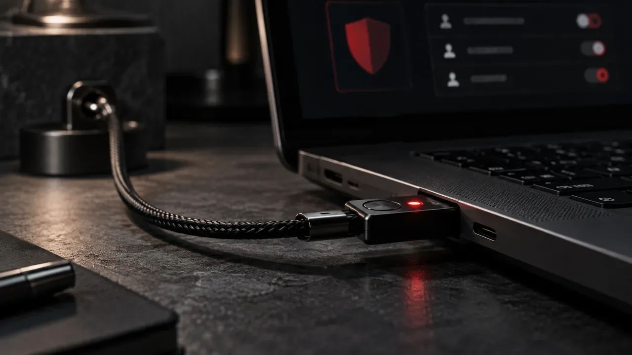 Bancada de gestão tecnológica com chave física de segurança USB iluminada em primeiro plano