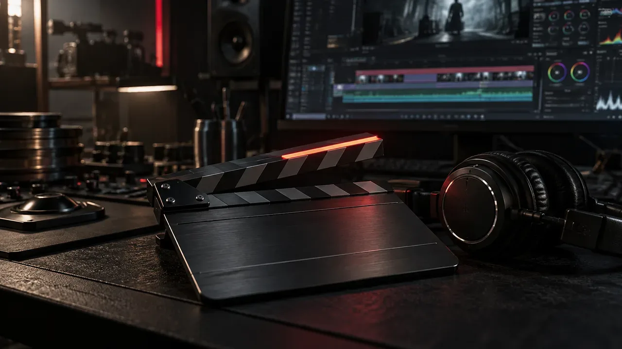 Ilha de pós-produção audiovisual para criativos com claquete e console em iluminação chiaroscuro