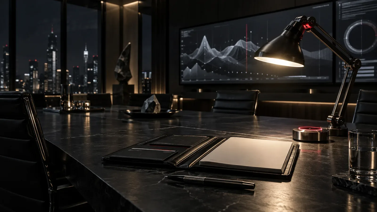 Mesa executiva escura com pasta de contrato, caneta de precisão e iluminação chiaroscuro