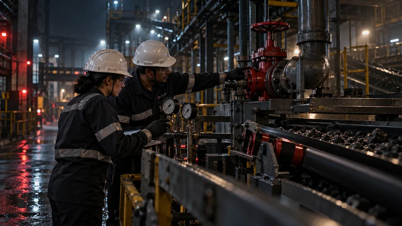 Lideranças técnicas colaborando lado a lado em ajuste de esteira operacional em planta industrial