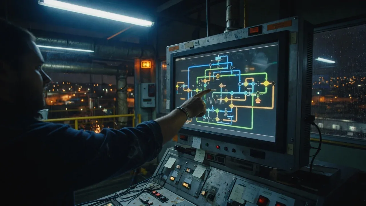 Especialista em operações e liderança técnica analisando diagrama de processos em terminal industrial