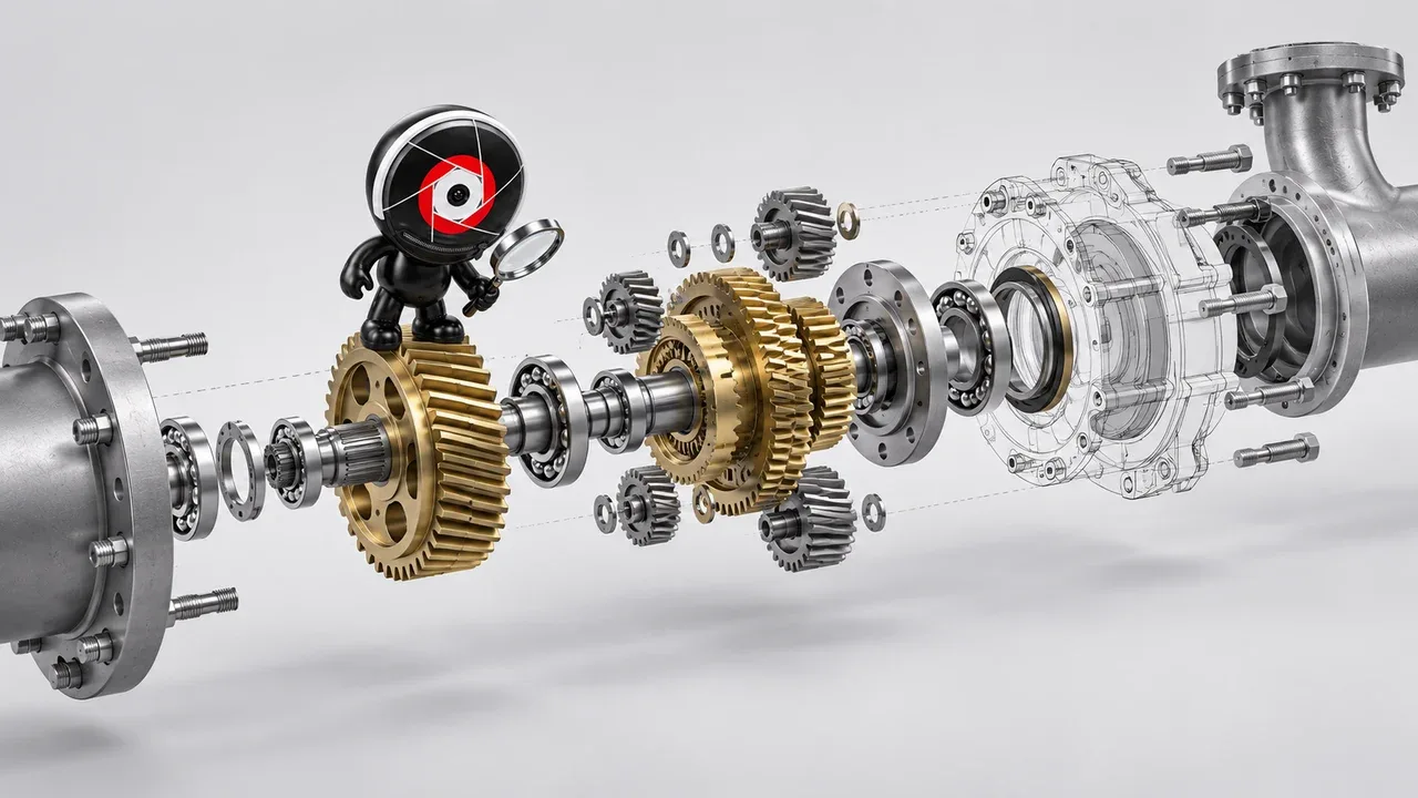 Vista explodida técnica de mecanismo industrial com o mascote inspecionando eixos mecânicos
