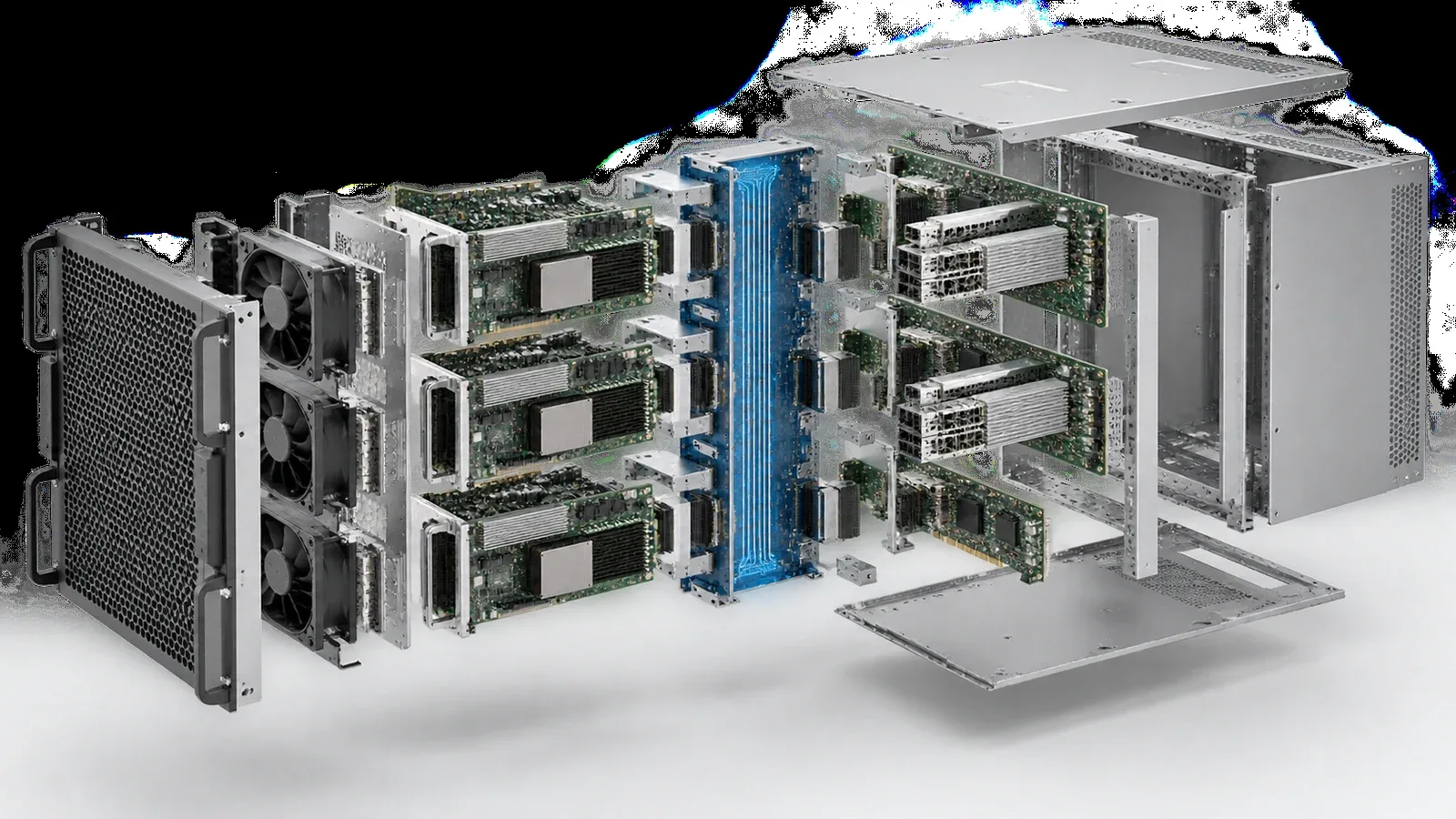 Vista explodida técnica de arquitetura de servidor modular e barramentos de dados