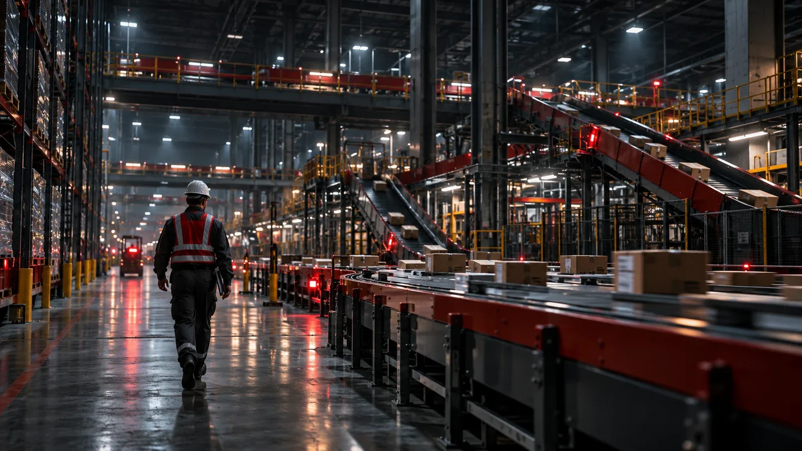Especialista em operações industriais caminhando à noite por galpão logístico automatizado em São Paulo