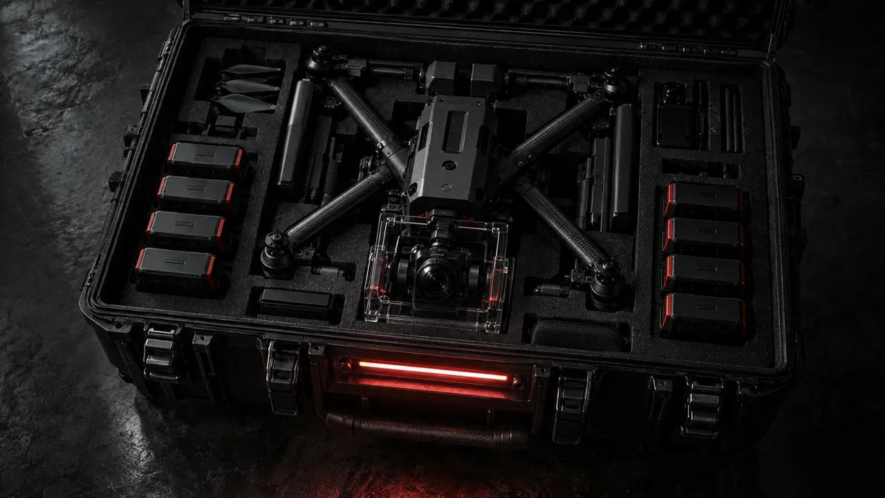Acomodação de drone cinematográfico e equipamentos em case rígido para transporte seguro