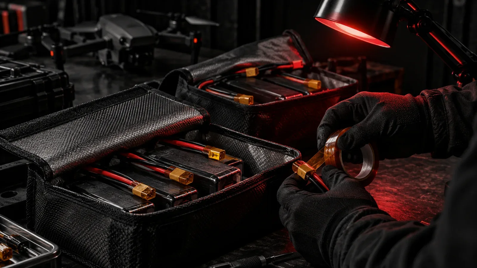 Preparação técnica de baterias de lítio e LiPo Safe Bags em bancada escura para transporte aéreo