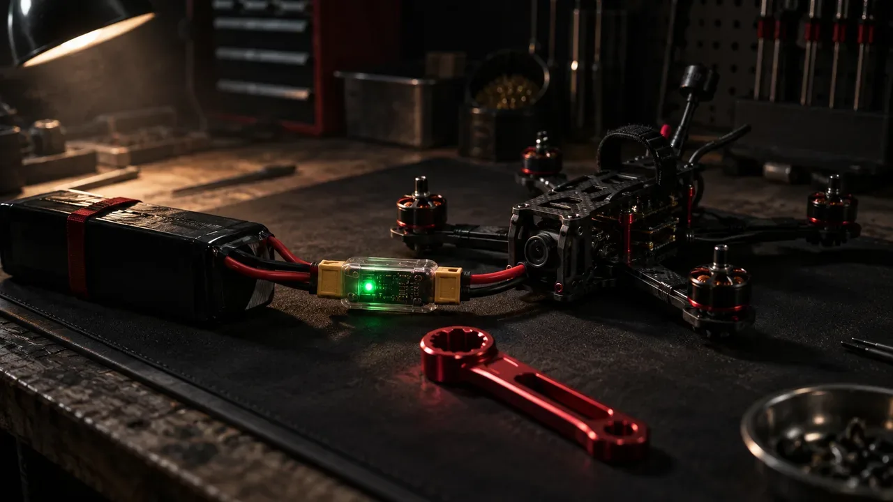 Drone FPV montado passando por teste de bancada com Smoke Stopper conectado à bateria