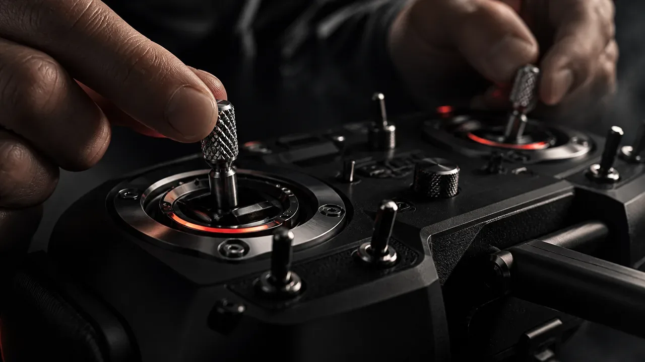 Detalhe macro dos manetes de alumínio usinado CNC de rádio transmissor FPV com anéis carmim sob iluminação cinematográfica