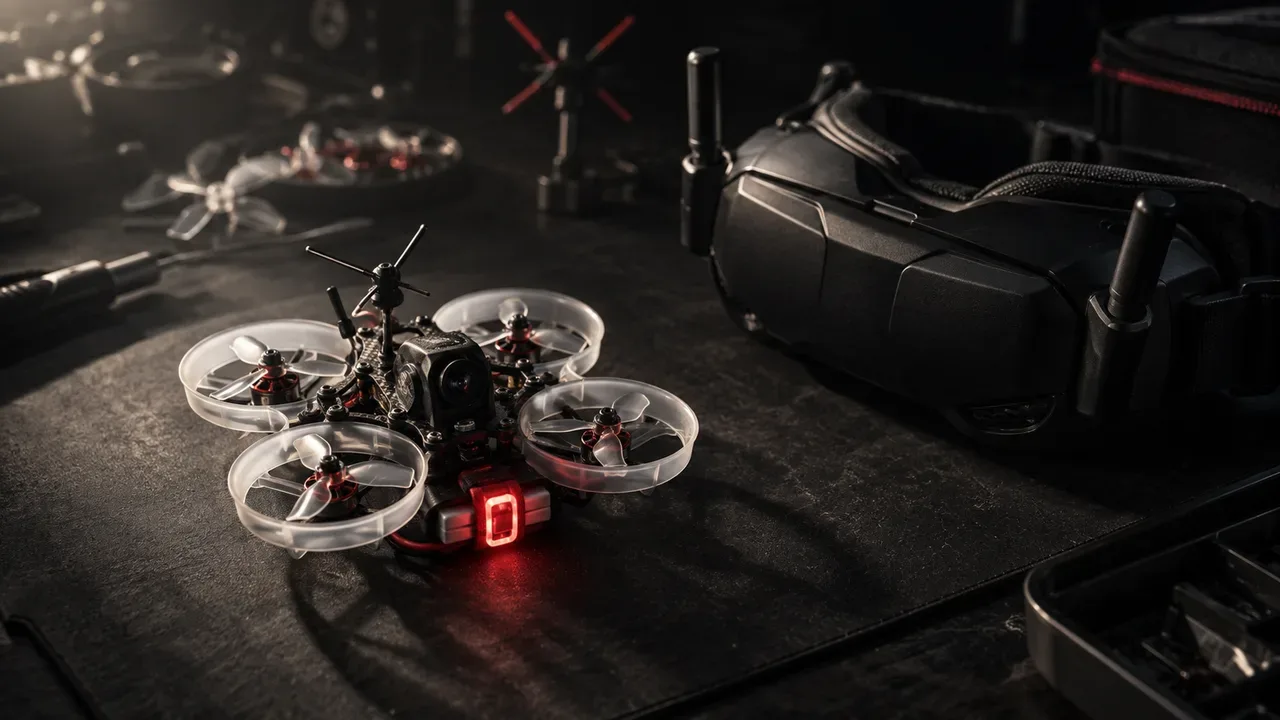 Micro drone Tinywhoop 1S com protetores de hélice e óculos FPV com detalhes em carmim sobre bancada de preparação