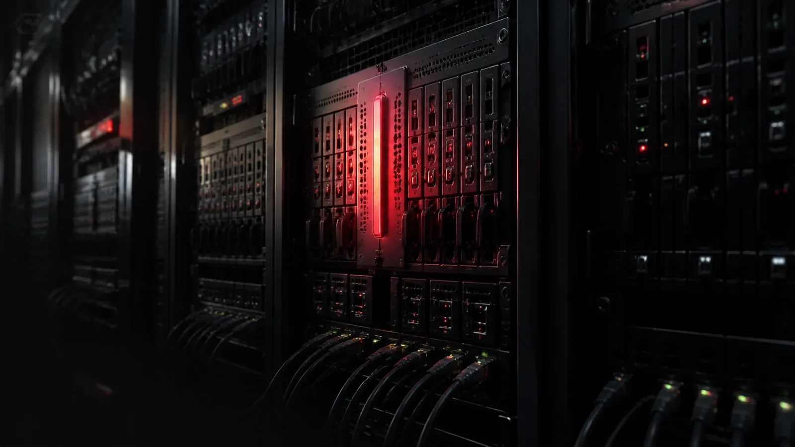 Fileira de servidores blade de alta densidade em datacenter escuro com iluminação chiaroscuro e indicador luminoso carmim