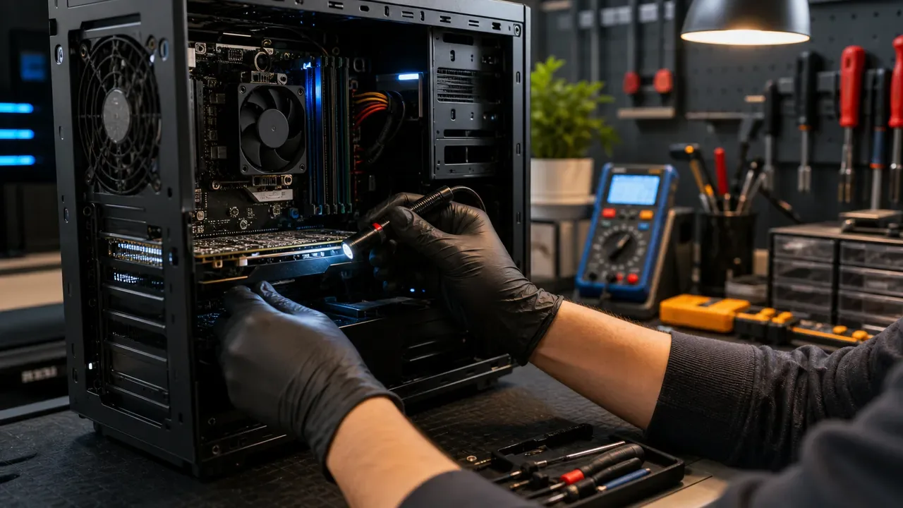 Técnico abrindo computador desktop para diagnóstico de hardware em bancada de assistência técnica