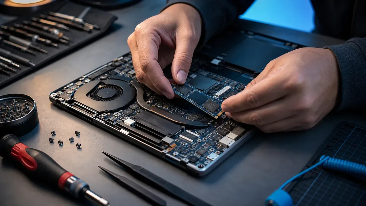 Técnico conectando SSD novo em notebook para upgrade de armazenamento e performance