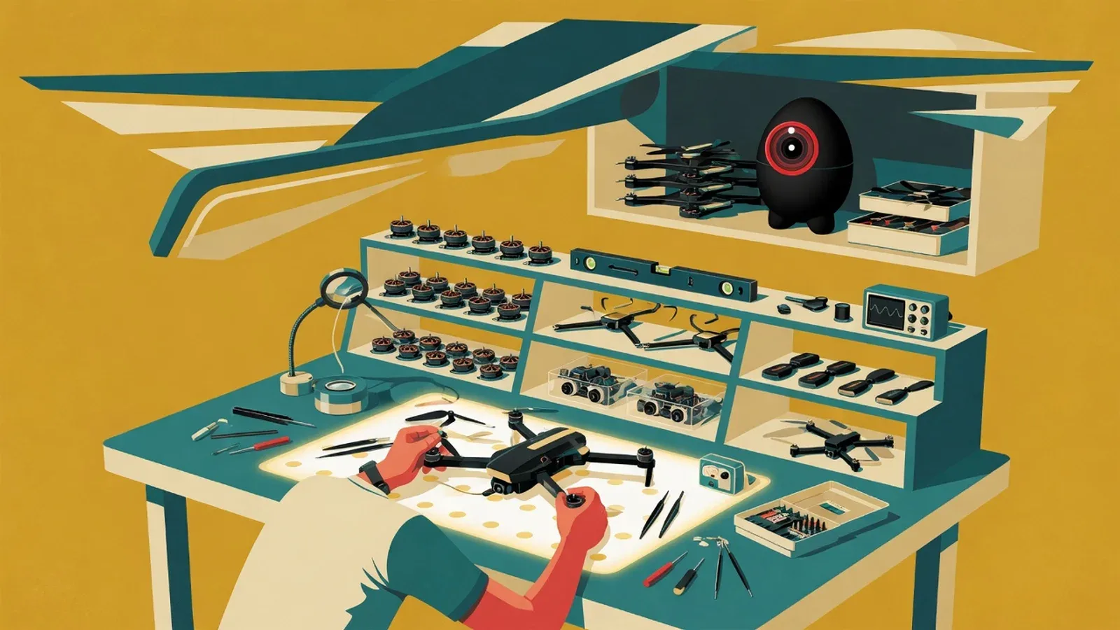 Ilustração em cartaz retro de bancada técnica iluminada com drone e ferramentas de precisão