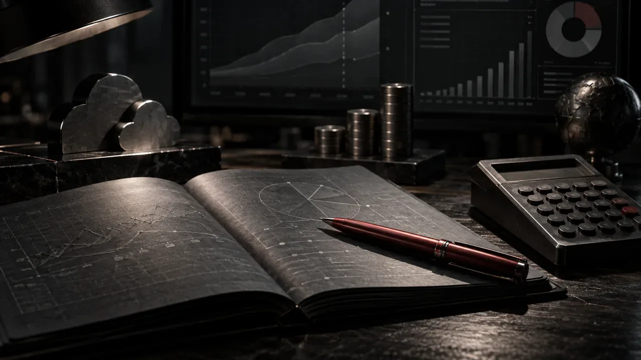 Mesa de análise financeira de tecnologia com calculadora de precisão e anel carmim sob luz rasante