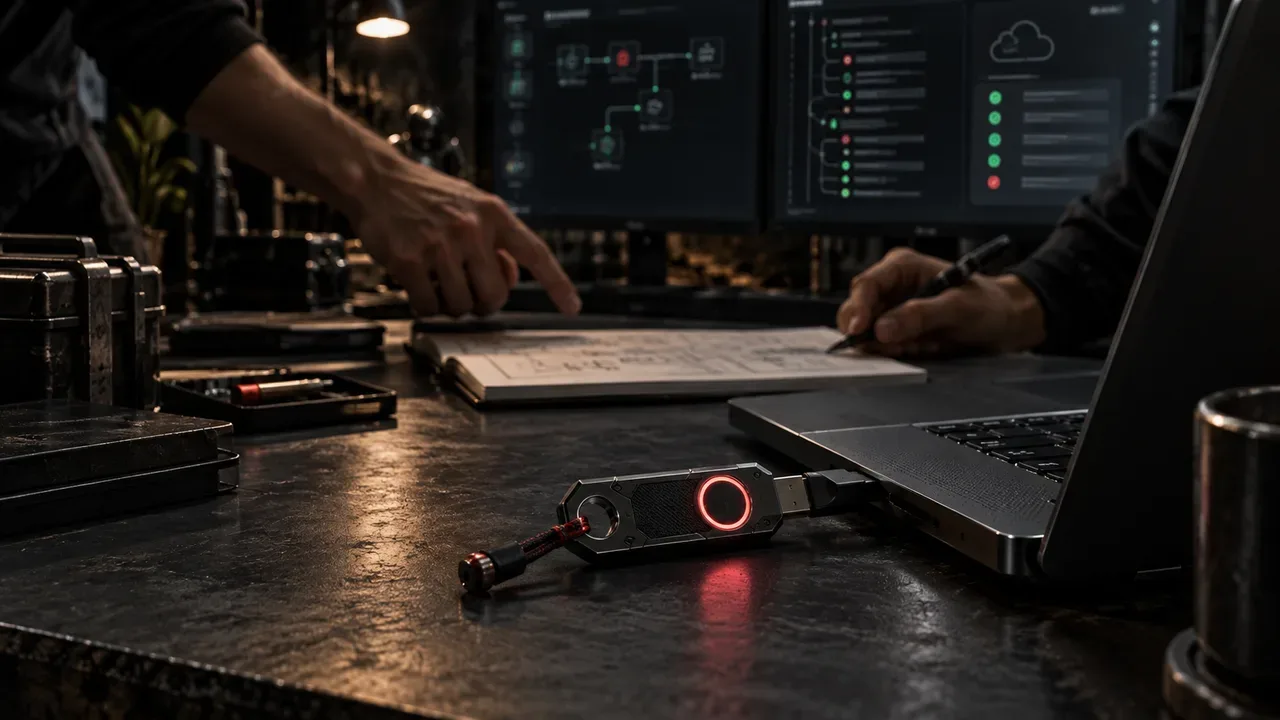 Estação de engenharia de software com chave de segurança conectada a laptop e anel luminoso carmim