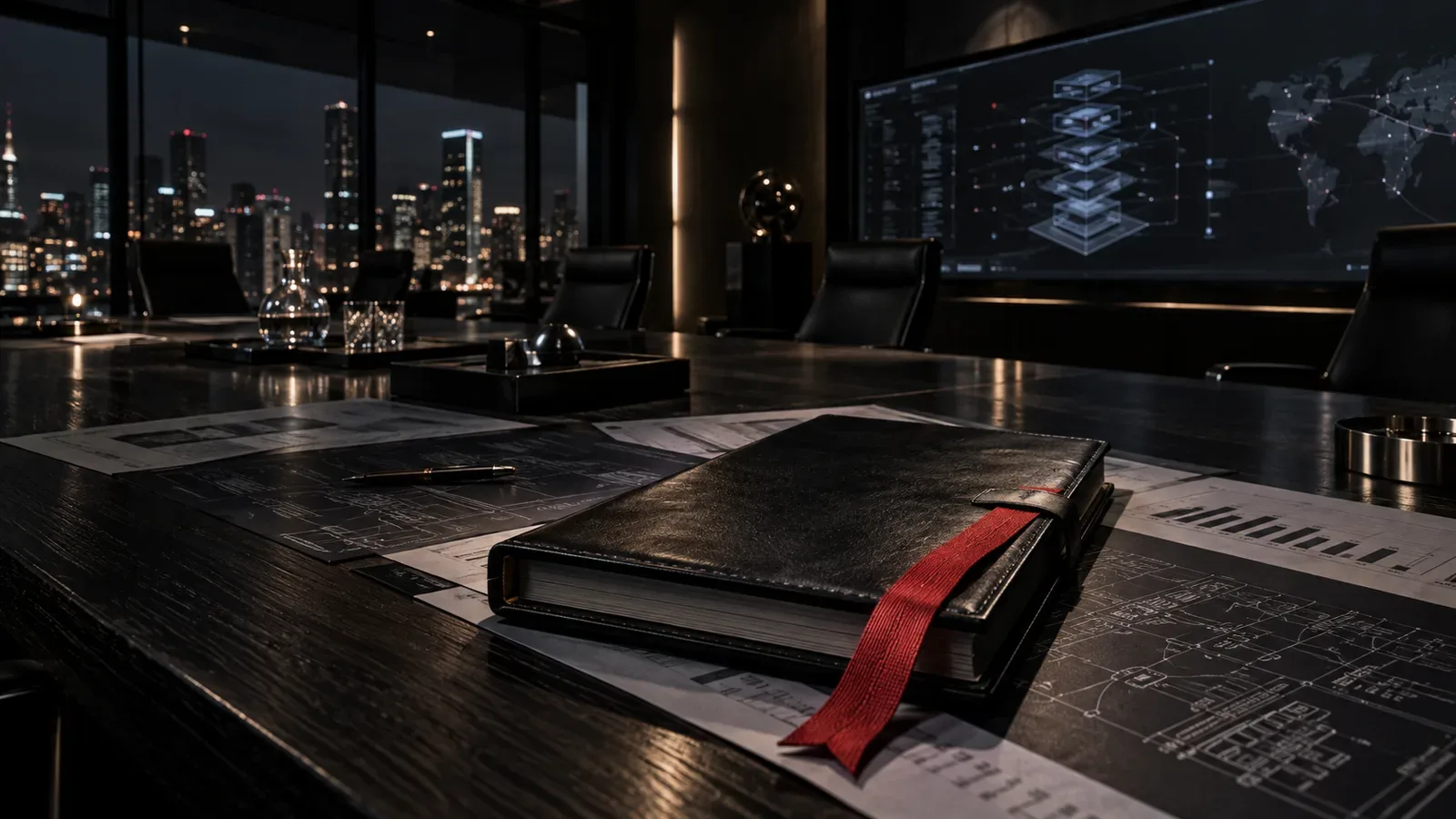 Mesa executiva com dossiê de investimentos em IA, fita marcadora carmim e ambiente corporativo sob iluminação chiaroscuro