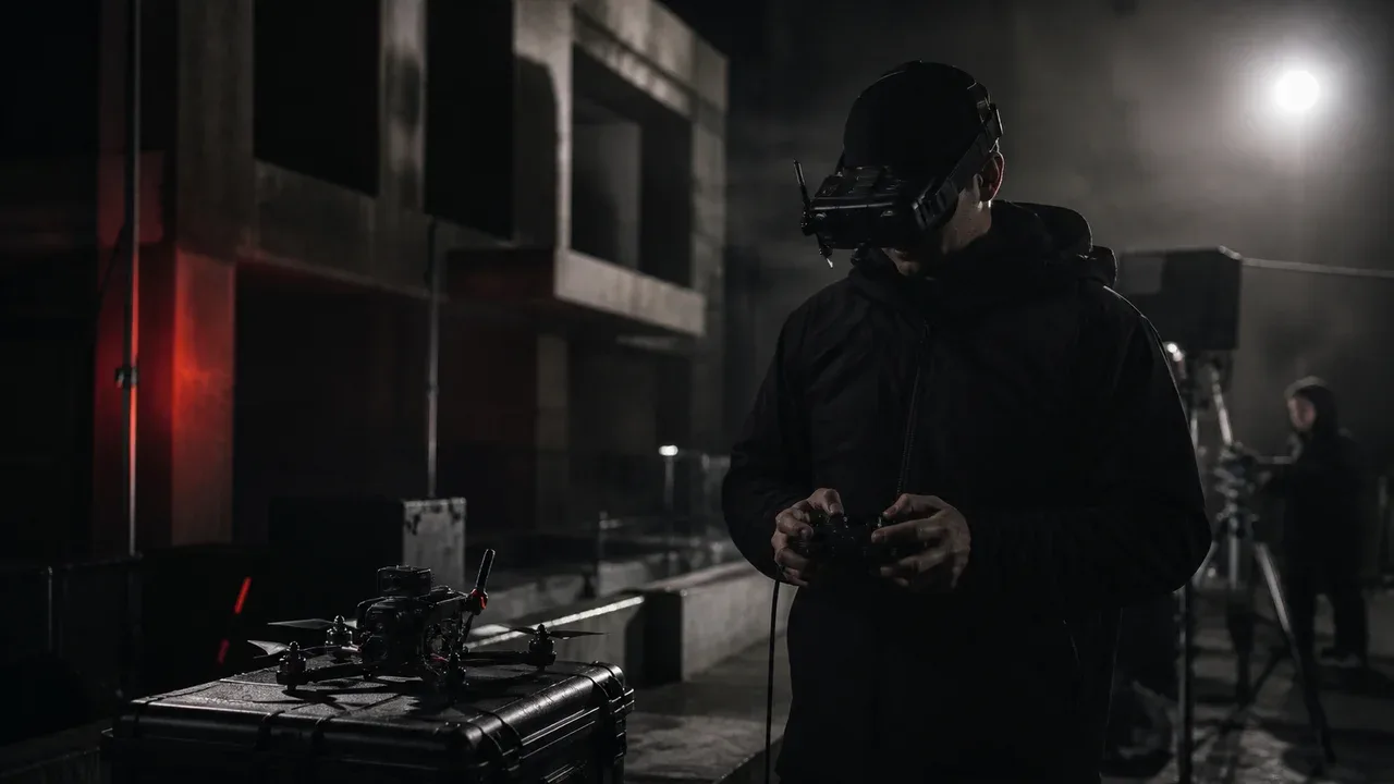 Piloto de drone FPV usando goggles ao lado de equipamentos de produção em set urbano