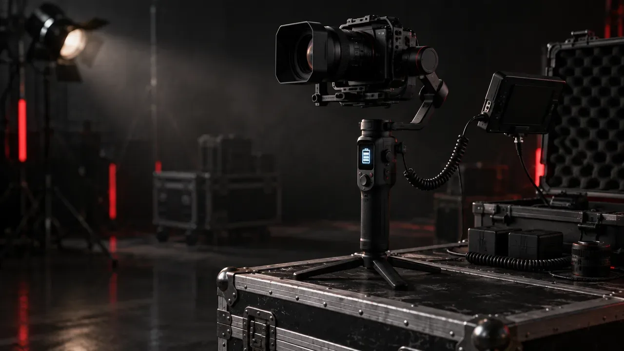 Estabilizador gimbal de três eixos com câmera sobre maleta técnica reforçada em estúdio