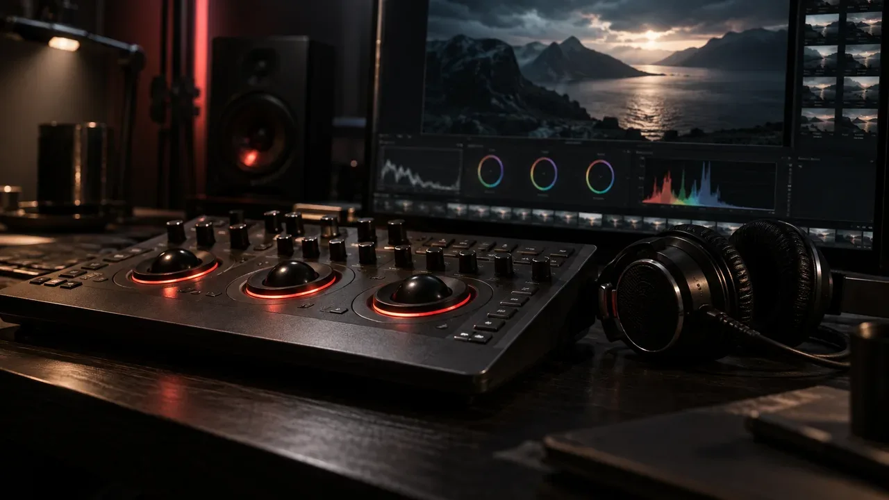 Console de edição e mesa de controle de colorimetria em sala escura de pós-produção