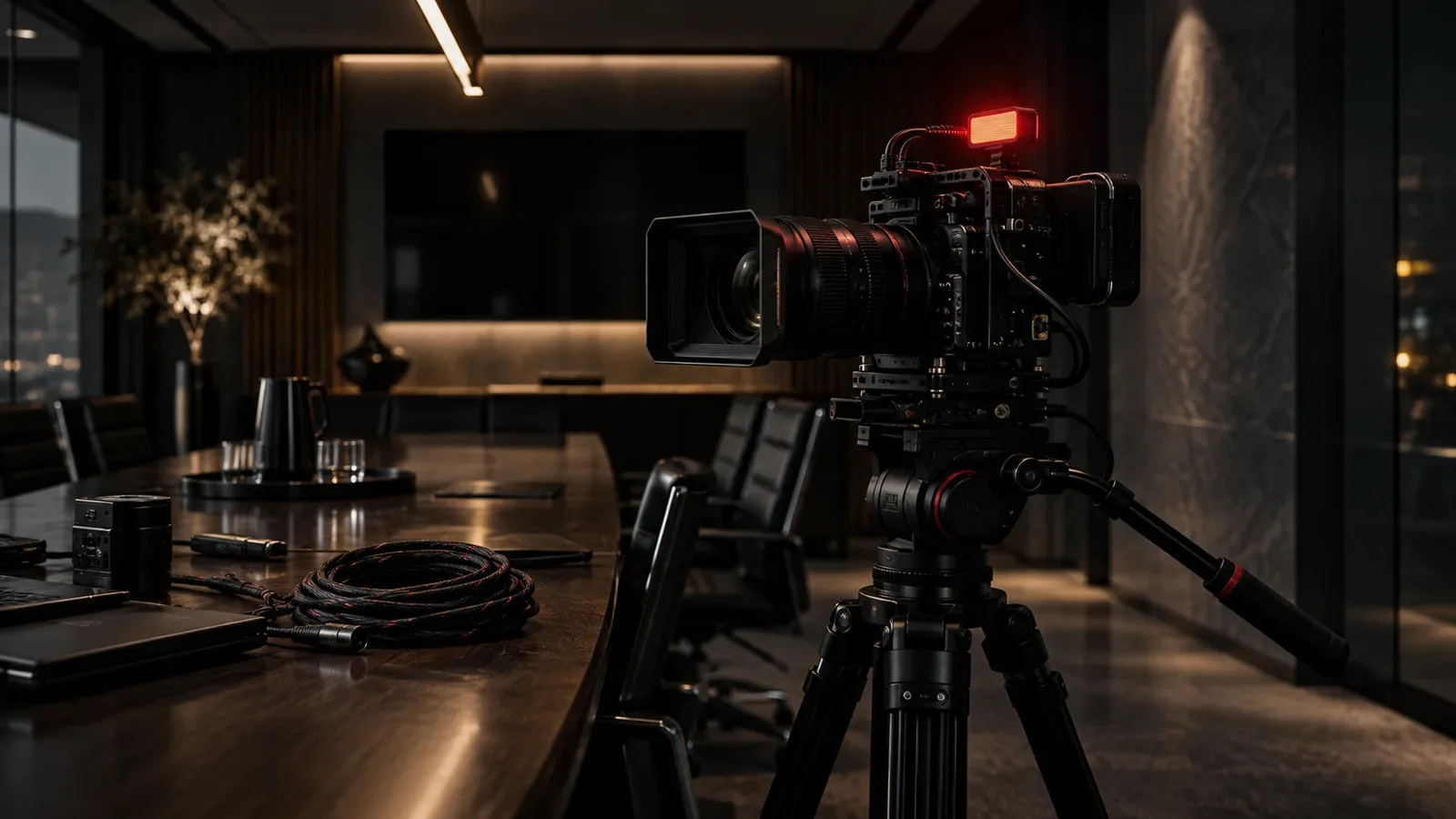 Câmera cinema mirrorless em tripé em sala de reuniões executiva corporativa com iluminação direcionada