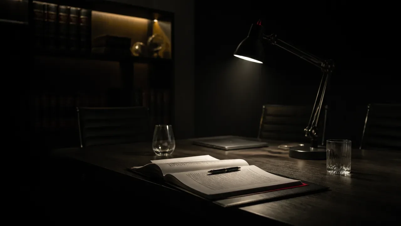 Mesa de reunião jurídica com contrato de agência sobre a mesa e luminária de leitura acesa iluminando as páginas