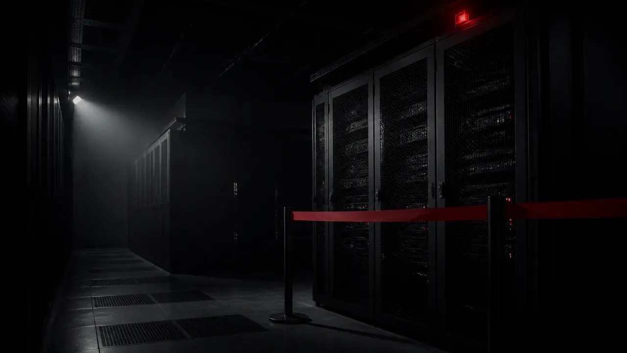 Sala de servidores escura com uma faixa de sinalização vermelha isolando um rack de acesso restrito