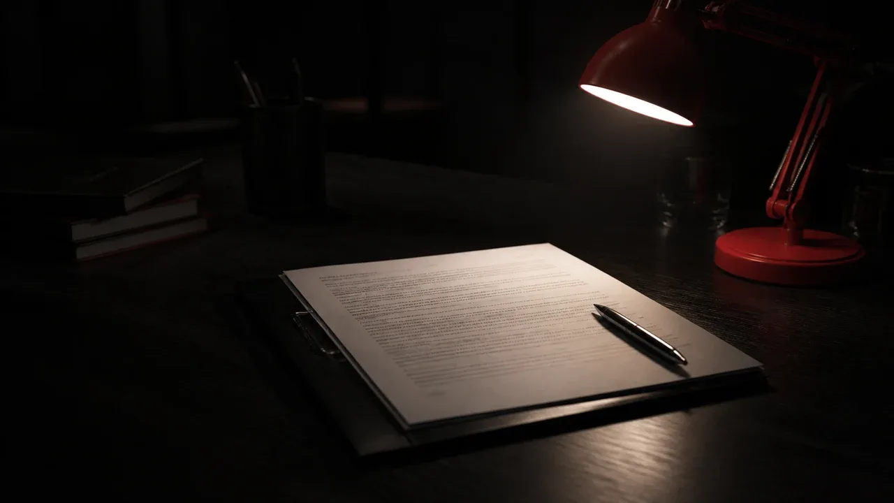 Mesa de reunião com contrato de agência sobre a mesa e luminária de leitura acesa ao lado do documento