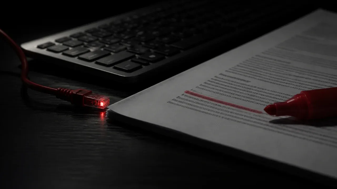 Detalhe de contrato impresso com marcador vermelho destacando cláusula, e cabo de rede vermelho passando ao lado do teclado