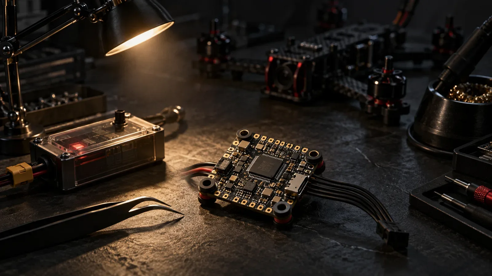 Controladora de voo para drone FPV em bancada escura sob iluminação rasante