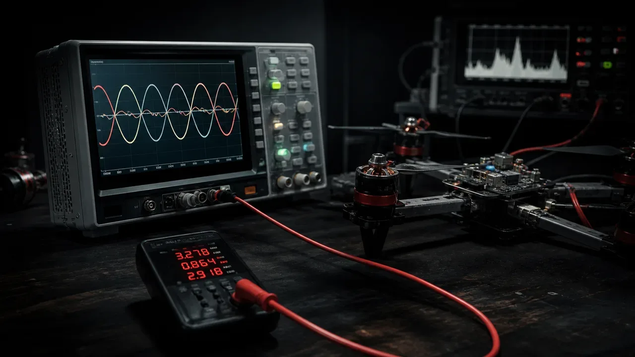 Osciloscópio de bancada analisando formas de onda senoidais de controle vetorial em motor FPV