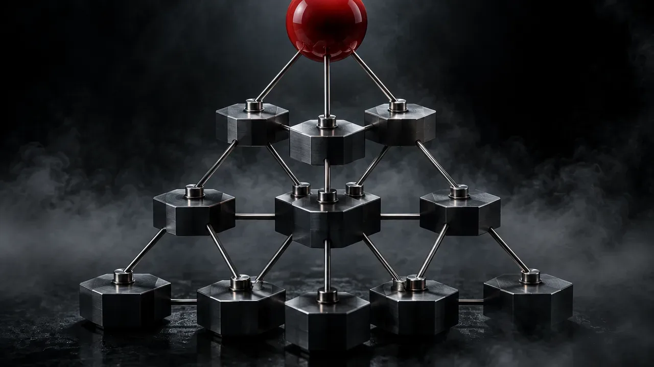 Estrutura piramidal de blocos de armazenamento em iluminação chiaroscuro com esfera no ápice em carmim representando a árvore de metadados