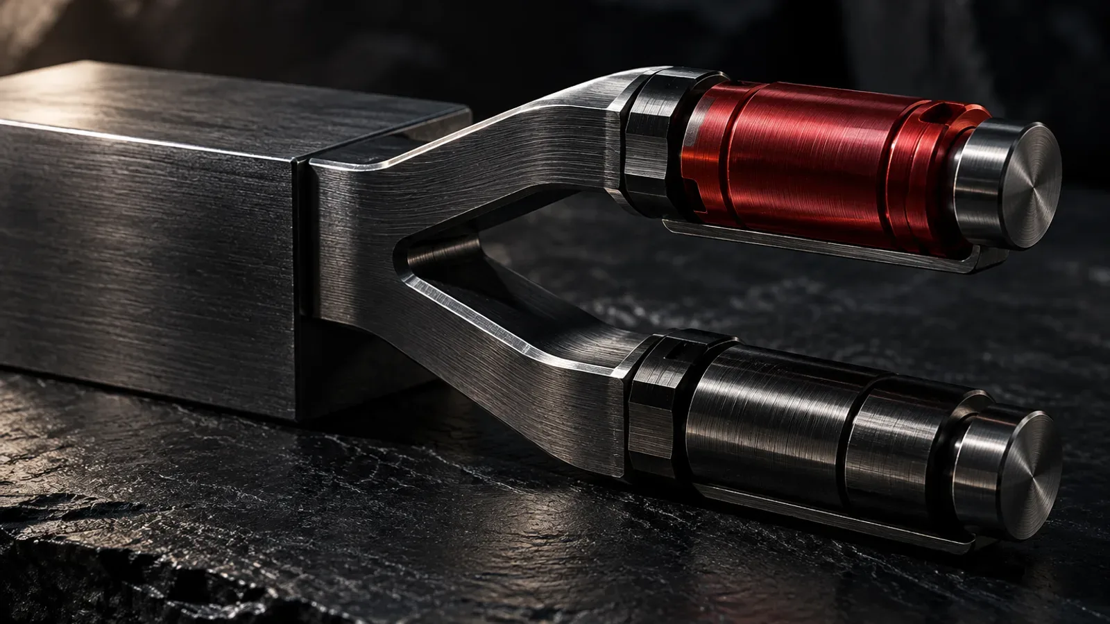 Bloco usinado de liga metálica escura em iluminação chiaroscuro demonstrando a bifurcação mecânica de eixos com elemento em carmim