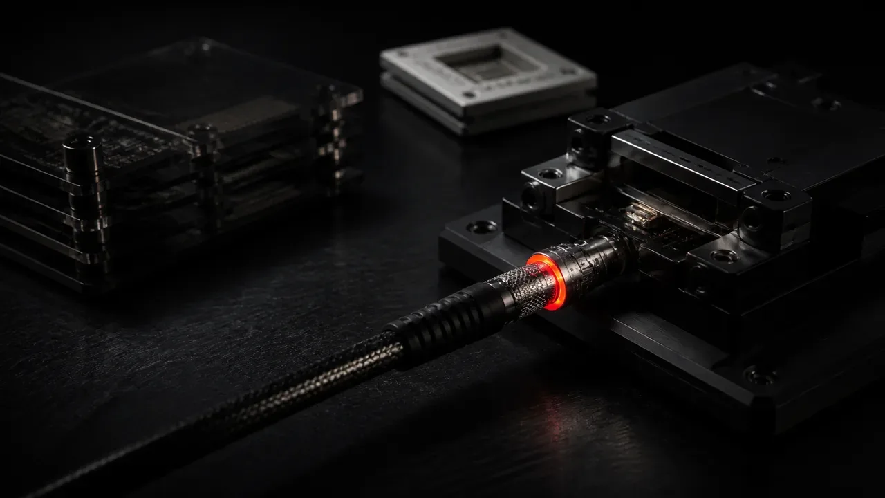 Bancada de laboratório de hardware com cabo coaxial de instrumentação conectado a módulo de teste sob iluminação rasante direcional