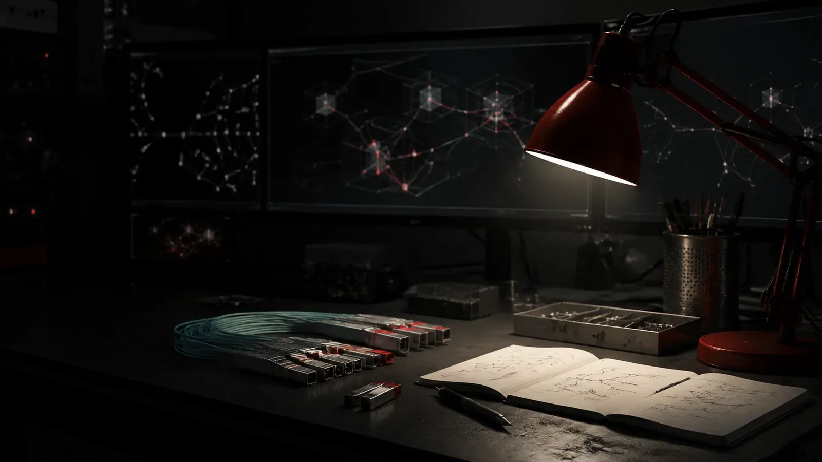 Bancada técnica de engenharia com topologia de replicação distribuída e iluminação chiaroscuro