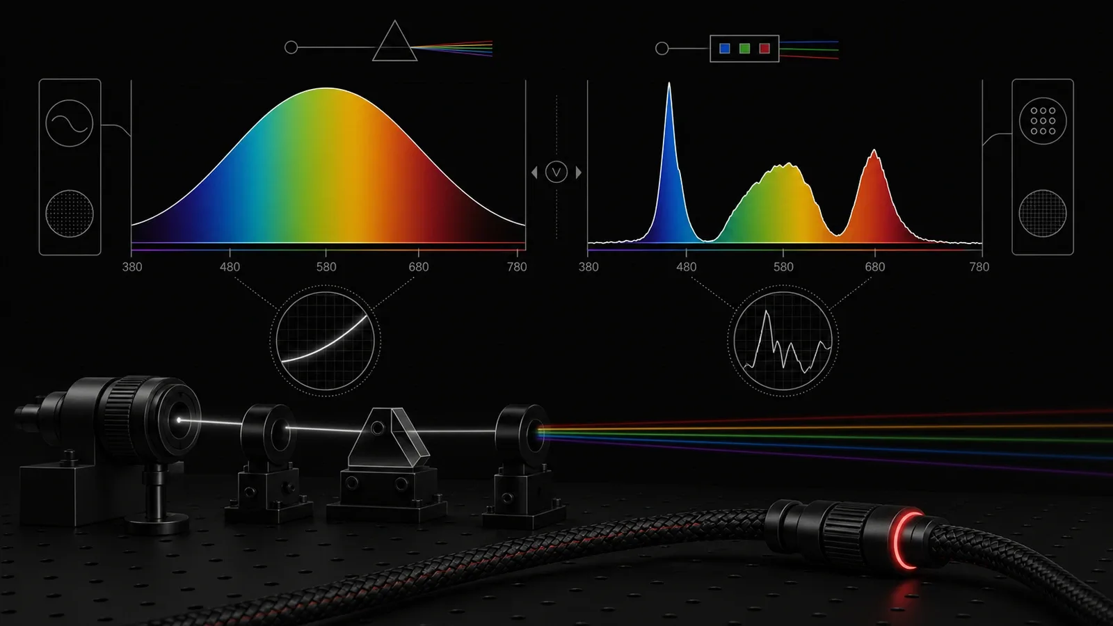 Diagrama óptico comparando o espectro contínuo térmico com o espectro descontínuo de LEDs
