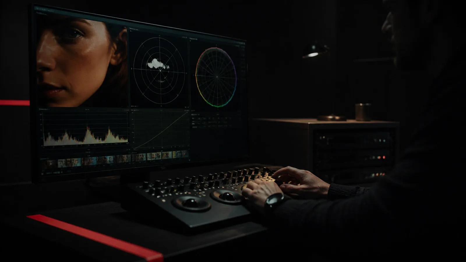 Suíte de pós-produção e color grading com colorista analisando vetorescópio de pele e gráfico TM-30