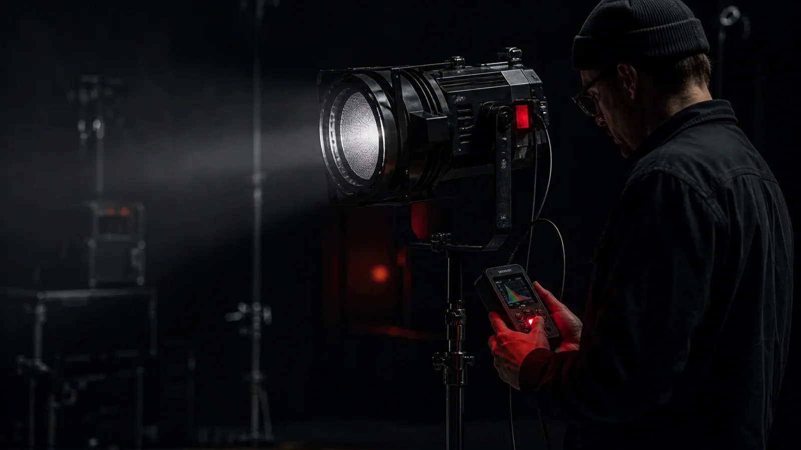 Calibração de luminária modular de cinema com espectrômetro digital em estúdio escuro